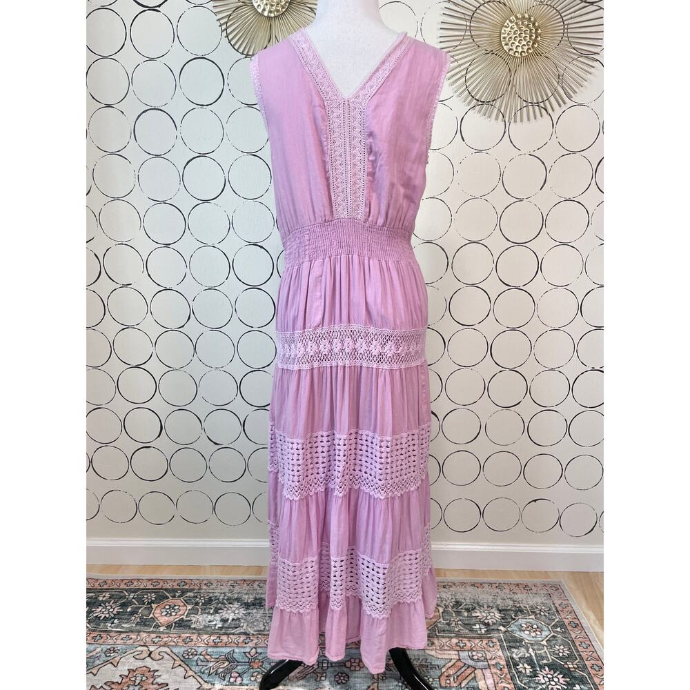 Crochet Tiered Maxi Dress Womens L Pink Purple Cottage Boho Romantic Cotton - Picture 3 of 15